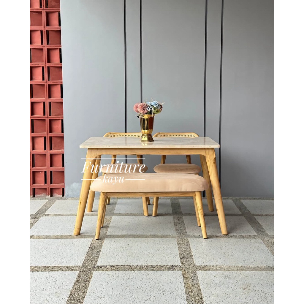 Set meja makan 2 kursi 1 bangku kayu jati, meja makan kayu jati top marmer, meja makan estetik