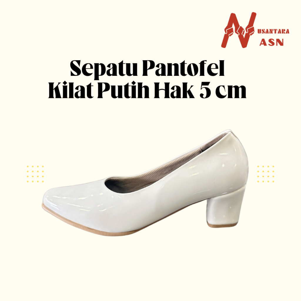 Sepatu Pantofel Kilat Putih Hak 5 CM Dinas Kantor PNS Polwan Kowad