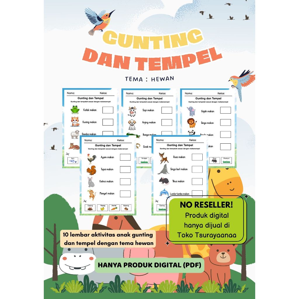 JUAL WORKSHEET AKTIVITAS ANAK GUNTING DAN TEMPEL TEMA HEWAN