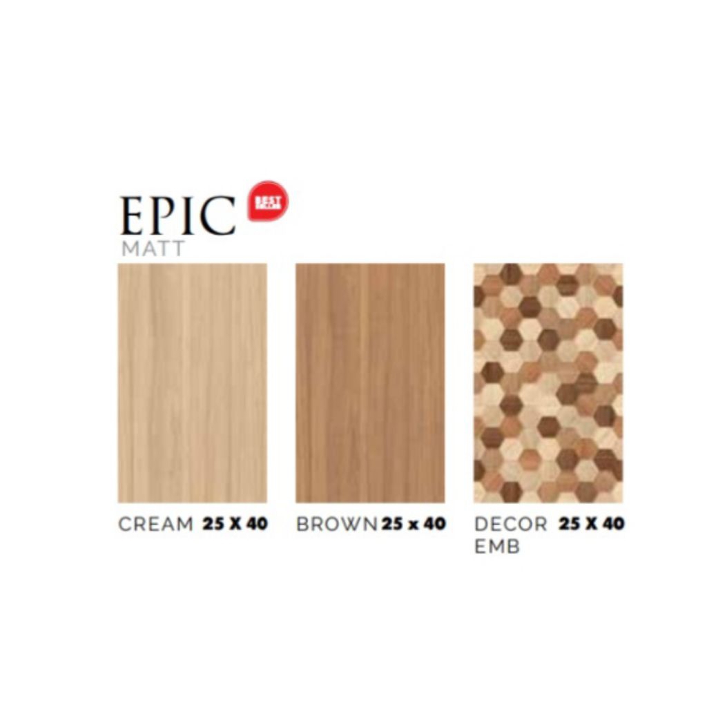 KERAMIK MERK ASIA TILE TIPE EPIC CREAM, BROWN, DECOR EMB UKURAN 25X40 MOTIF CORAK KAYU PERMUKAAN TEK
