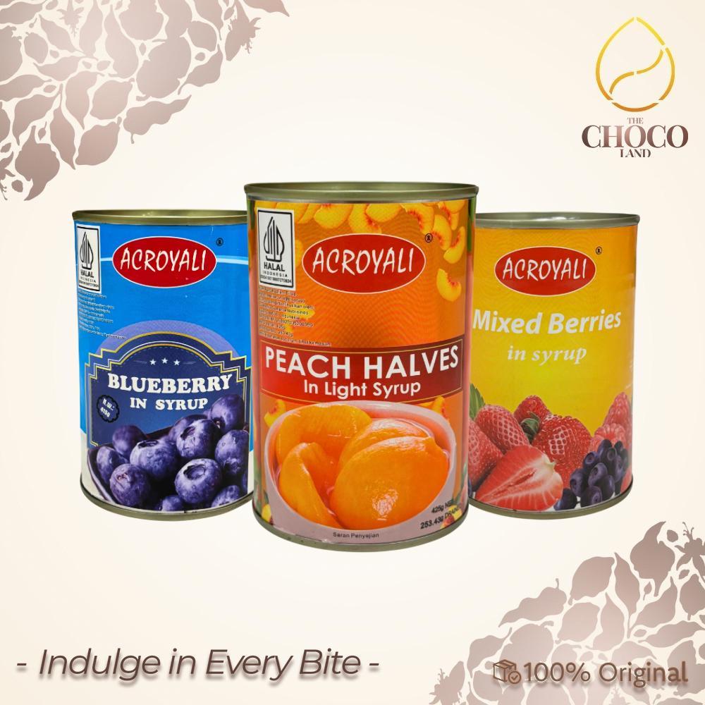 

Acroyali Buah PEACH IN SYRUP , BLUBERRY IN SYRUP , MIX BERRY IN SYRUP 425gr HALAL