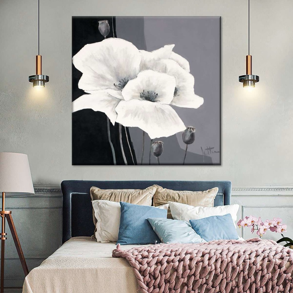 Lukisan bunga putih background hitam || Lukisan hiasan dinding || Lukisan abstrak kanvas modern || L
