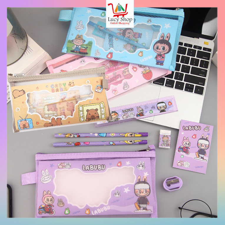 

Pouch Alat Tulis Set 7 In 1 Karakter Labubu Capybara Stationary Lucu