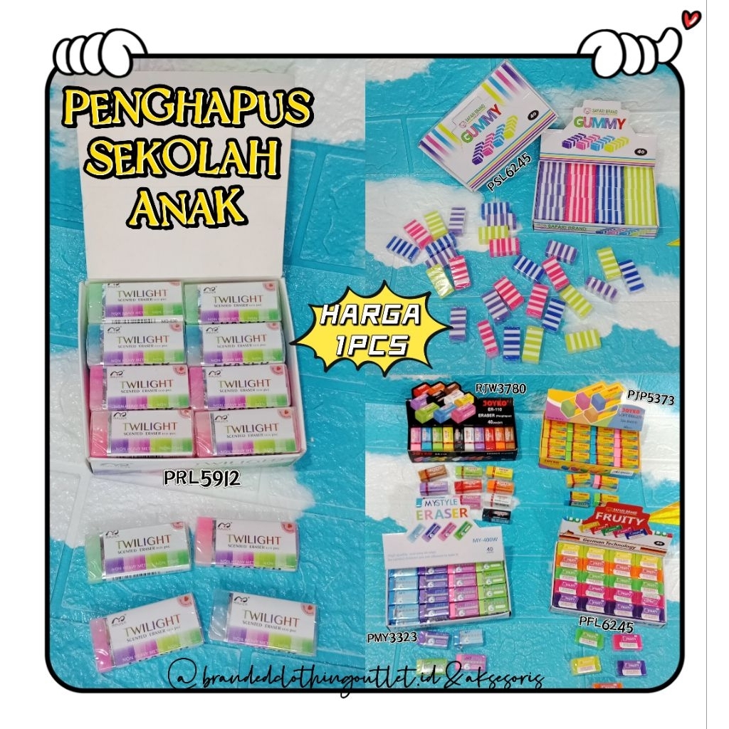 

PENGHAPUS ANAK SEKOLAH / PENGHAPUS BERMACAM WARNA / PERALATAN SEKOLAH / PENGHAPUS JOYKO WARNA WARNI / STIP ANAK SEKOLAH / PENGHAPUS MODEL UNIK DAN LUCU / PSP3225 / PMY3324