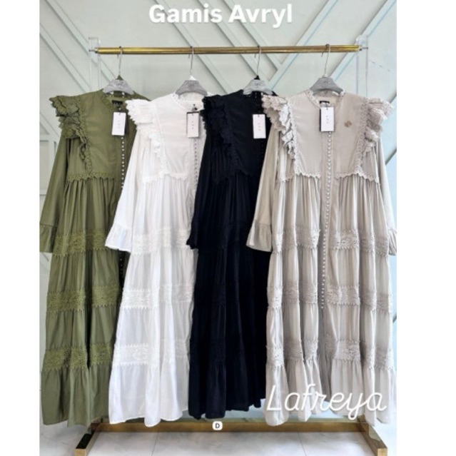Gamis avril, dress lfy, gamis Lafreya, dress import premium, gamis mewah, dress busui, kancing serib