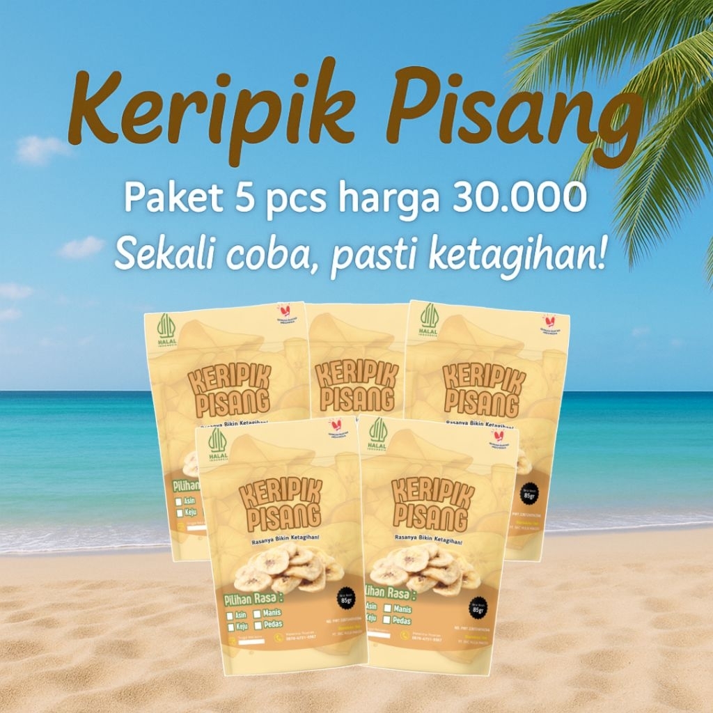

Paketan Keripik Pisang Kemasan 65 Gram Isi 5