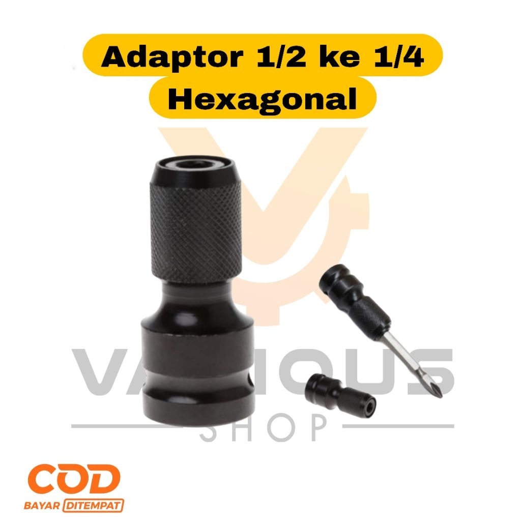Adaptor Kunci Pas 1/2 ke 1/4 Hexagonal Teleskopik, Adapter Converter Mata Hex Bor Obeng, Shock