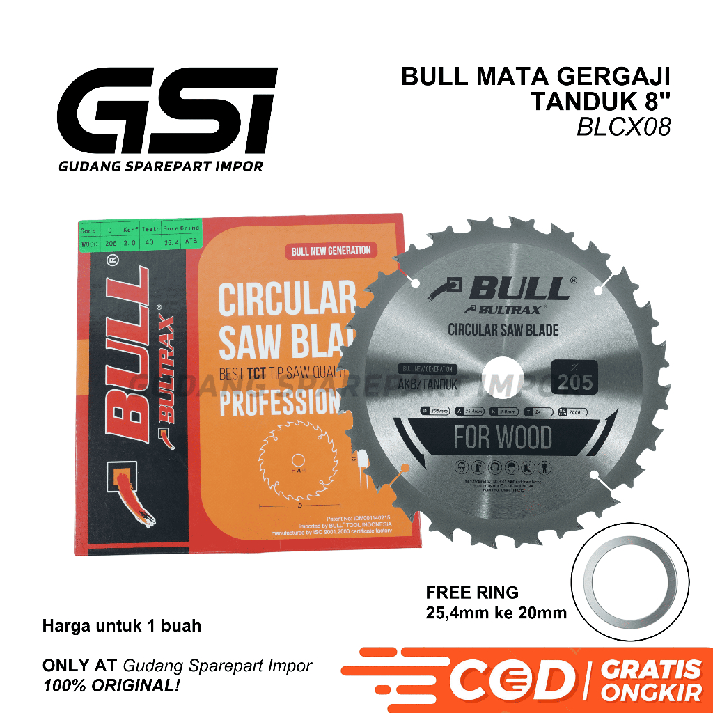 BULL Mata Gergaji Kayu 8 inch AKB BELAH KAYU / Circular Saw Blade 8" BLCX08
