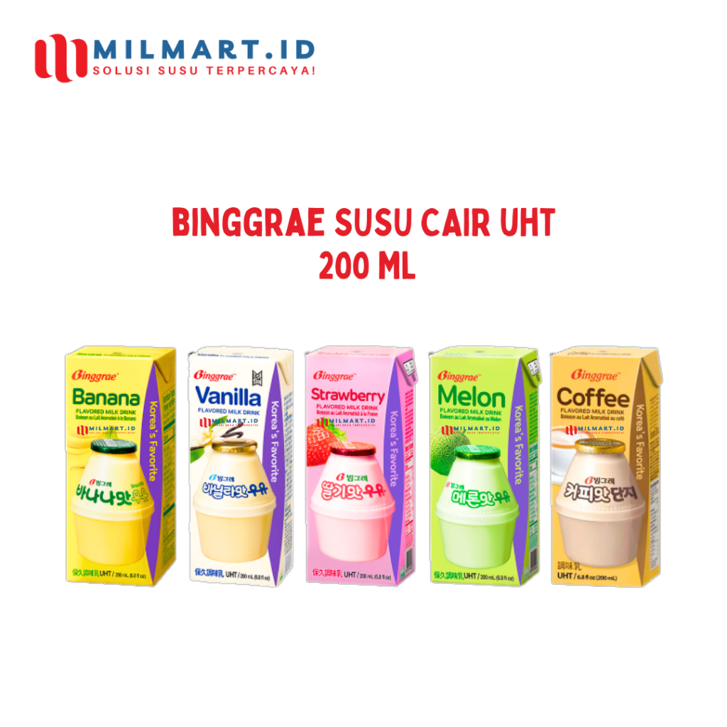 

BINGGRAE SUSU CAIR SUSU UHT KOREA 200ML RASA MELON/COFFEE/STRAWBERRY/VANILLA/BANANA