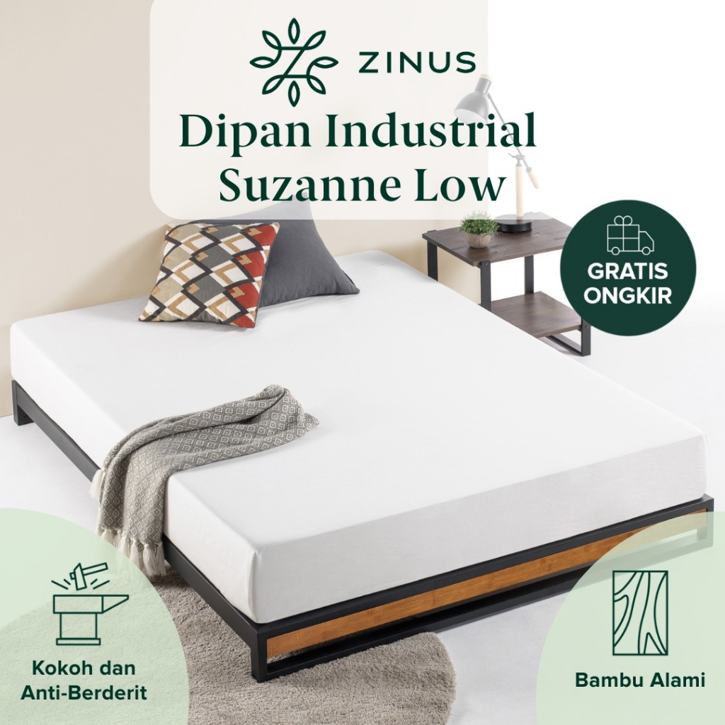 Dipan Tempat Tidur Zinus Suzanne Low Ranjang Besi dan Kayu Design Industrial Bed In a Box
