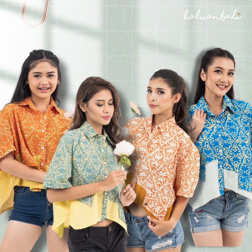 Kemeja Wanita Kombinasi Crop HaluanBali - Tjap Lakshmi Casual Modern - Bahan Katun Linen Adem - KCE-