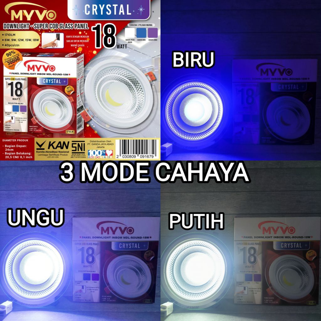 MYVO CRYSTAL LED PANEL IB BULAT 6W 9W 12W 15W 18 WATT TRICOLOUR SNI 3 PILIHAN CAHAYA DALAM 1 LAMPU 3