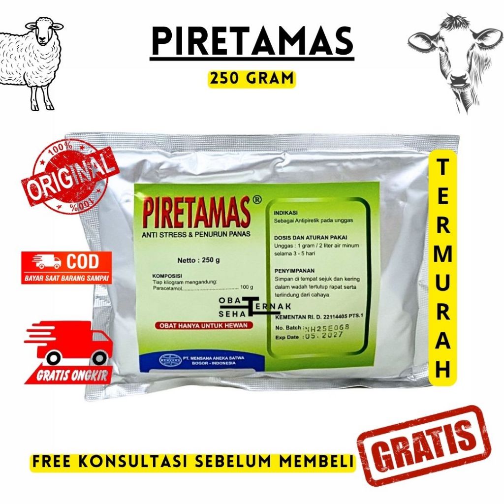 PIRETAMAS 250 GRAM – Mensana - Paracetamol Unggas Ayam Vitamin C Sorbitol Penurun Panas Gumboro CRD 