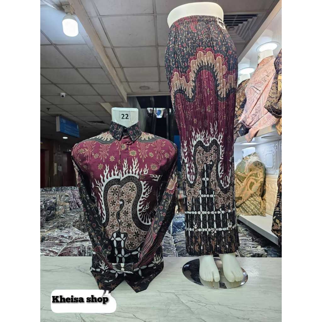 Terlaris Kemeja Batik Couple Rok Prisket Motif Petir Maroon