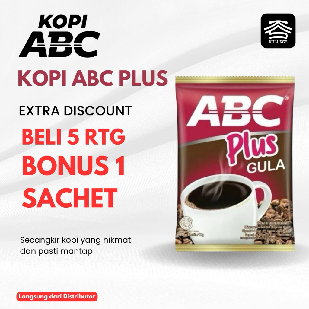 

Kopi ABC Plus 1 Renteng Isi 10 Sachet. Kopi Kuat & Creamy, Promo Beli 5 Bonus 1