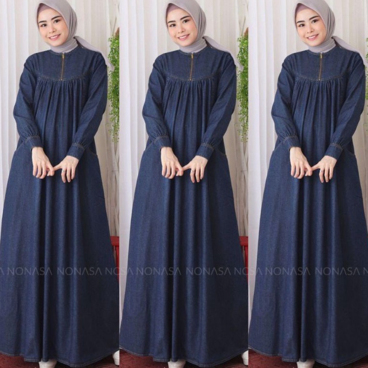 KODE P9K Gamis Jeans Jumbo  Dress Menyusui Wanita Muslim  Ambi Dress Denim Maxi  Gamis Jumbo