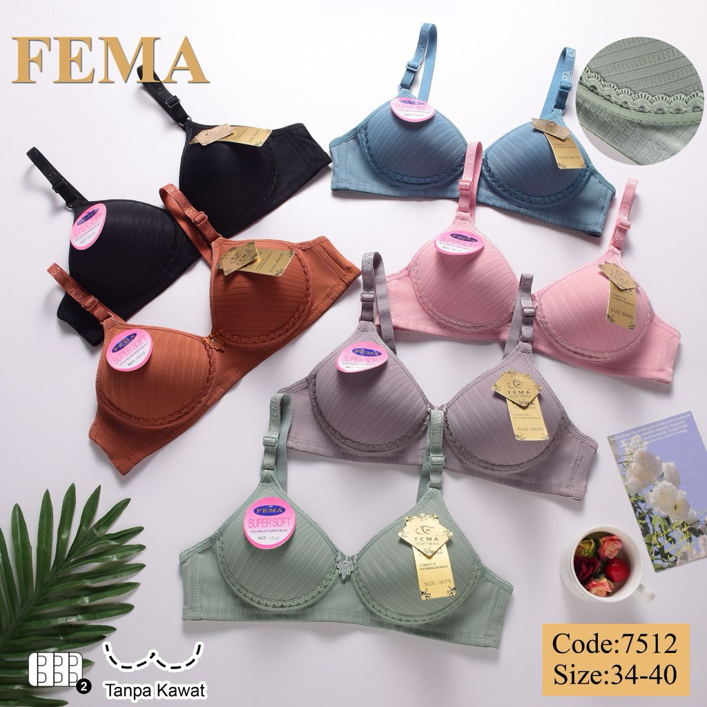 Ay00 3PCS BH FEMA 7512 SALUR CUP A KAIT 2 BRA FEMA KAIT 2 CUP A TANPA KAWAT