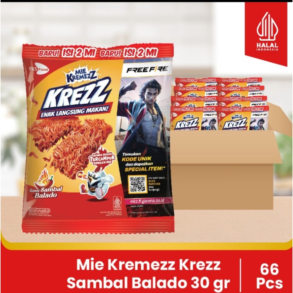 

Mie Kremezz Krezz - Sambal Balado- 1 karton (6 renceng) - 11pcs - 30gr