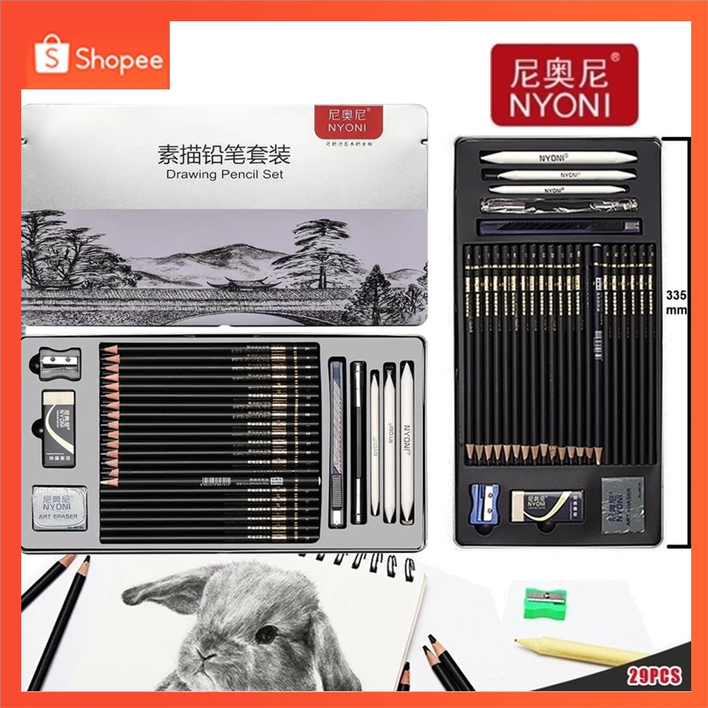 

NYONI SET PENSIL SKETSA 29PCS - Metal Tin Box, Pensil Gambar Lukis Sketsa Lengkap Paket - Hadiah Sempurna untuk Pemula/Artis/Mahasiswa Seni