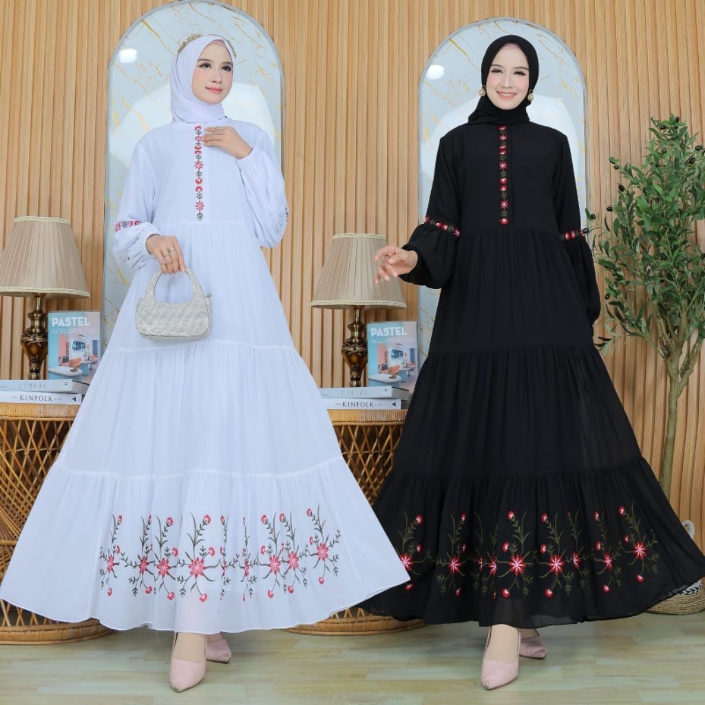 Gamis Sruti Babydol - Wanita Muslim Dewasa Hitam Putih Elegan Motif Bunga - Model 12