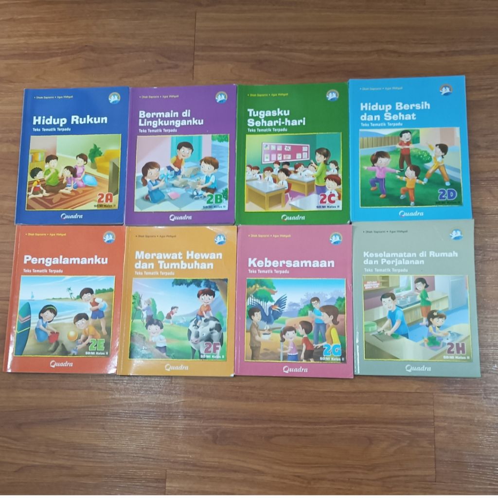 1set isi 8 buku pelajaran teks tematik terpadu quadra kelas 2 seri A-H buku bekas pakai