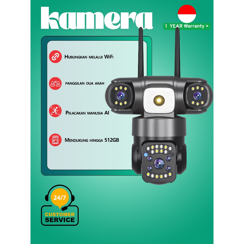 Kamera CCTV V380 Pro 3 lensa 360°cctv wifi sambung   Deteksi gerakan cctv sambung hp jarak jauh