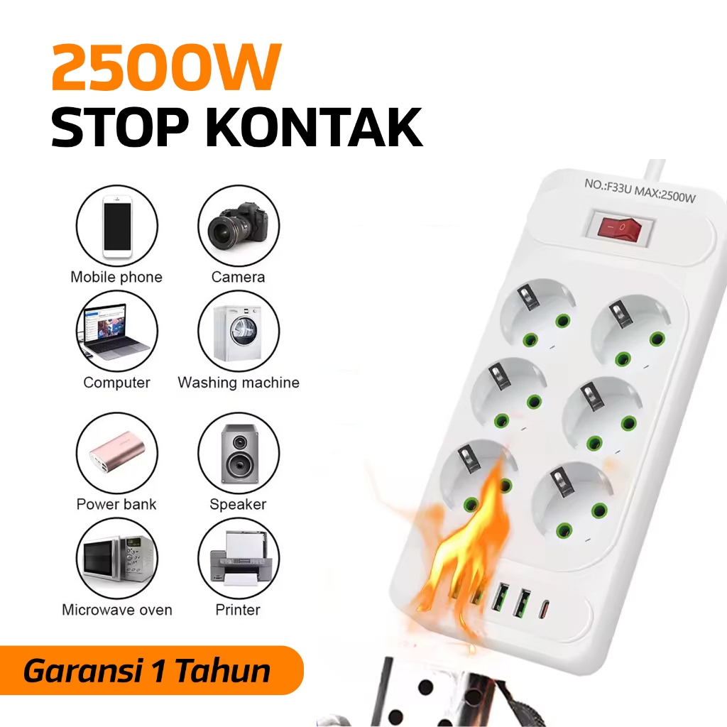 2500W Stop Kontak USB Charger Power Strip Colokan Listrik Saklar On Off