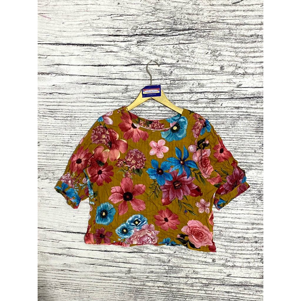 Blouse blus baju atasan wanita cewek perempuan semi crop croop motif bunga mustard fashion second