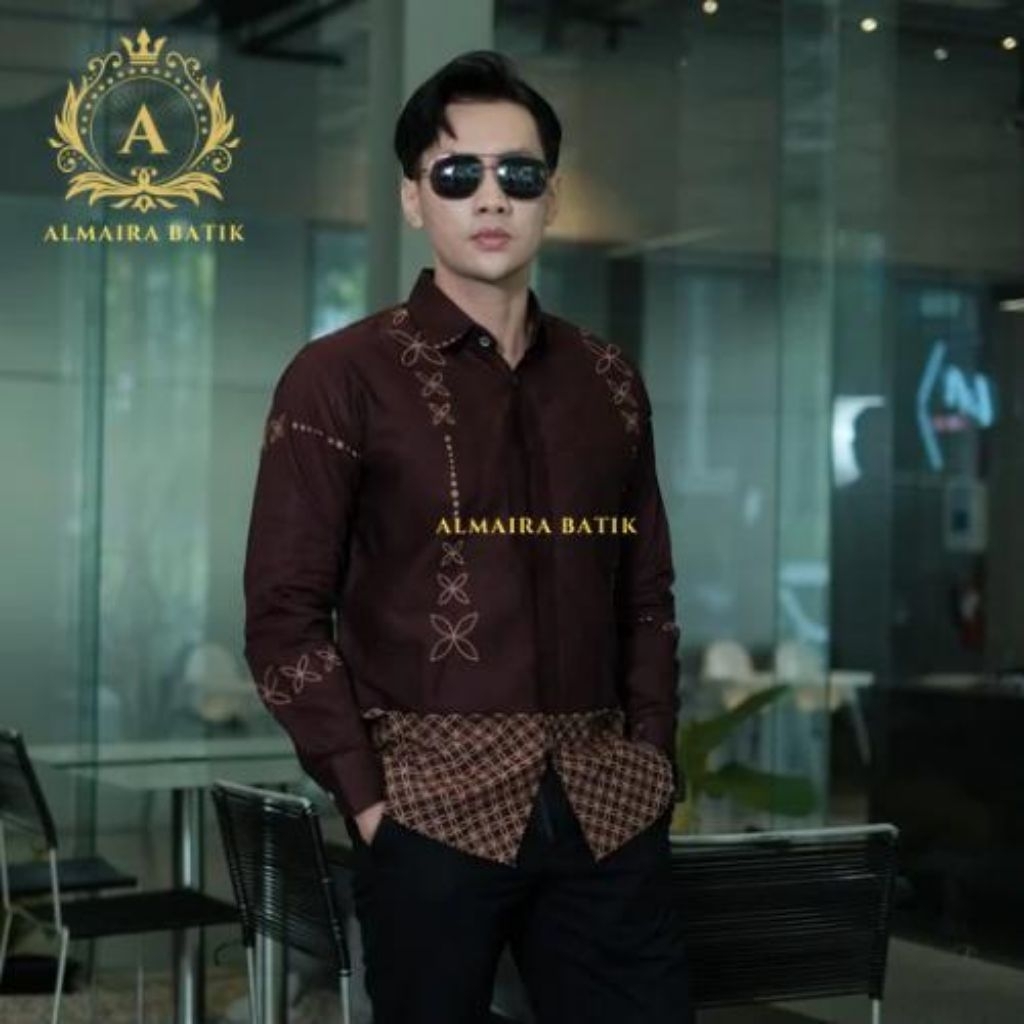 ALMAIRA BATIK Motif Perdana Kemeja Batik Pria Burgundy Baju Batik Pria Dewasa Merah Maroon Slimfit L