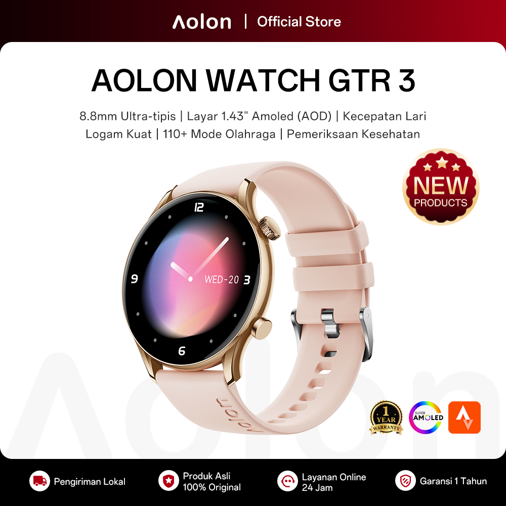 [Garansi 1 Tahun] Aolon GTR 3 Jam Tangan Smartwatch 46mm Tampilan Amoled AOD 8.8mm Ultra-tipis Pangg