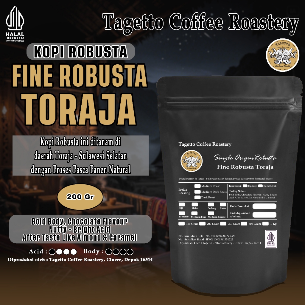 

BIJI KOPI FINE ROBUSTA TORAJA 200GR | BEAN GROUND BUBUK 200 GRAM TAGETTO COFFEE