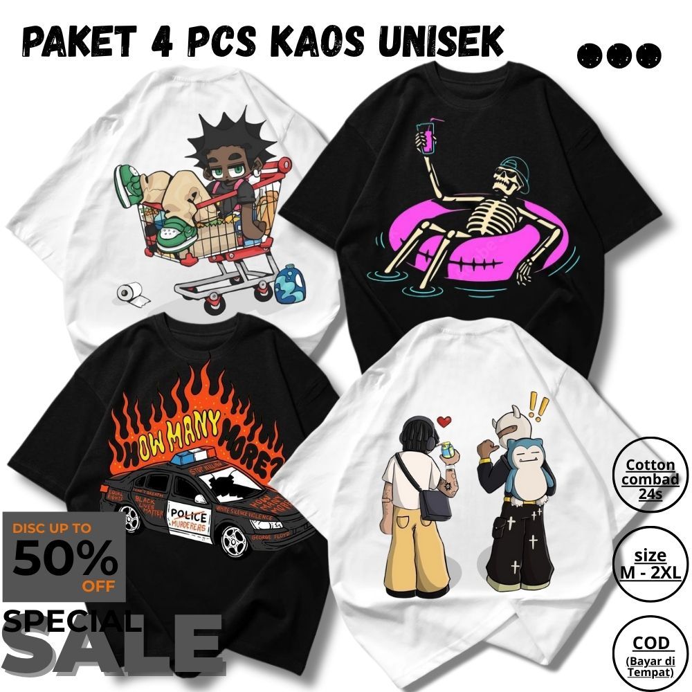 T-shirt promo paket 4 pcas kaos distro //kaos kece //kaos peria wanita lengan pendek//kaos oversize 