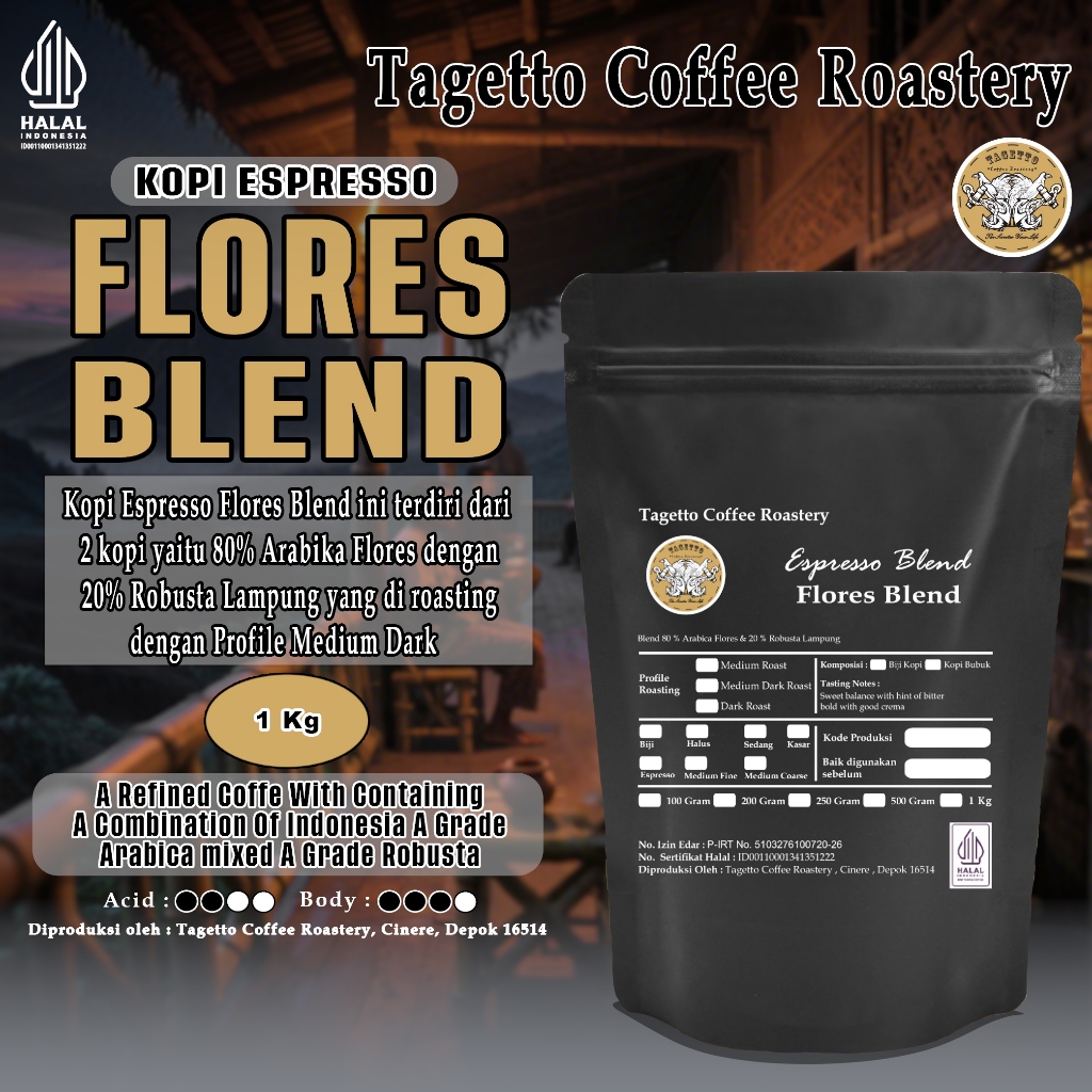 

BIJI KOPI ESPRESSO FLORES BLEND 1KG - ARABICA 80% & ROBUSTA 20% | BEAN GROUND BUBUK 1 KG TAGETTO COFFEE