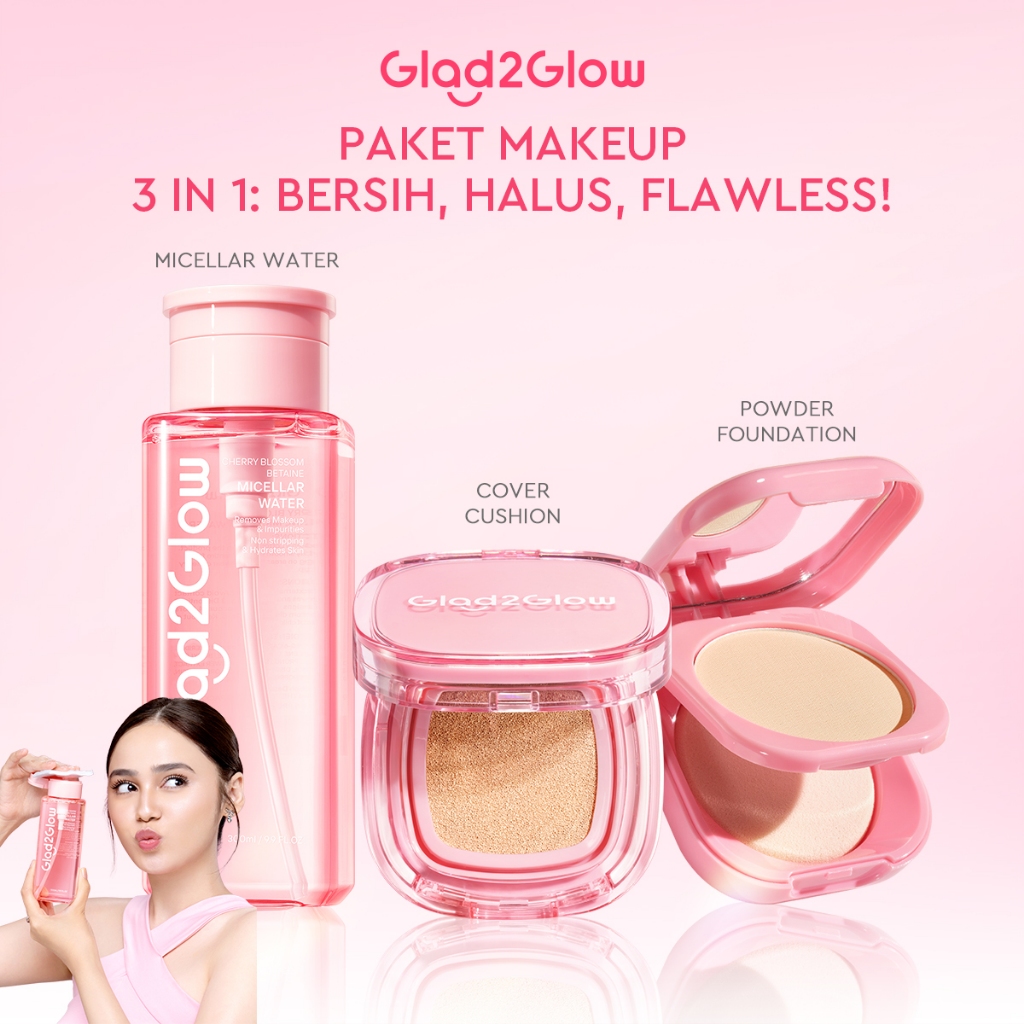 Glad2Glow Set Makeup Lengkap 3in1  Micellar Water + Perfect Blurring Powder Foundation+Cushion Found