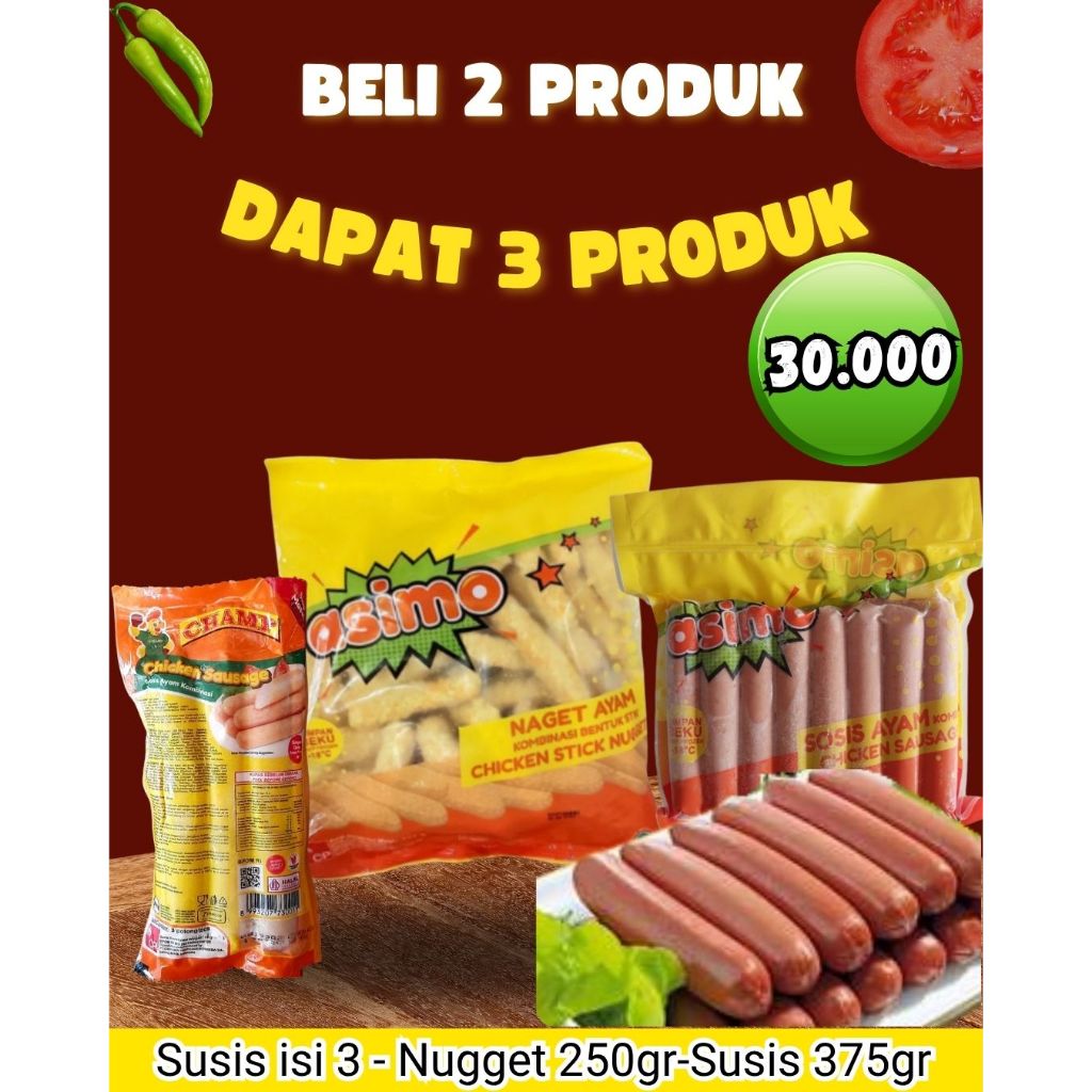 

BELI 2 DAPAT 3 (ASIMO CHICKEN NUGGET 250GR+ASIMO SOSIS AYAM 375GR+CHAMP SOSIS AYAM ISI 3) 30.000