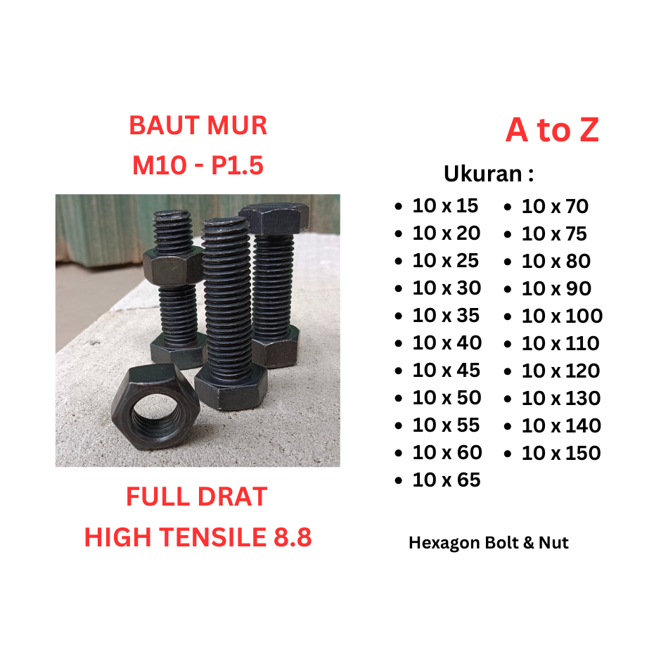 Baut Mur HTB 8.8 - M10 x 110 / 120 / 130 / 140 / 150 Baja Hitam Full Drat P1.5 / Kunci 17 / M 10 / F