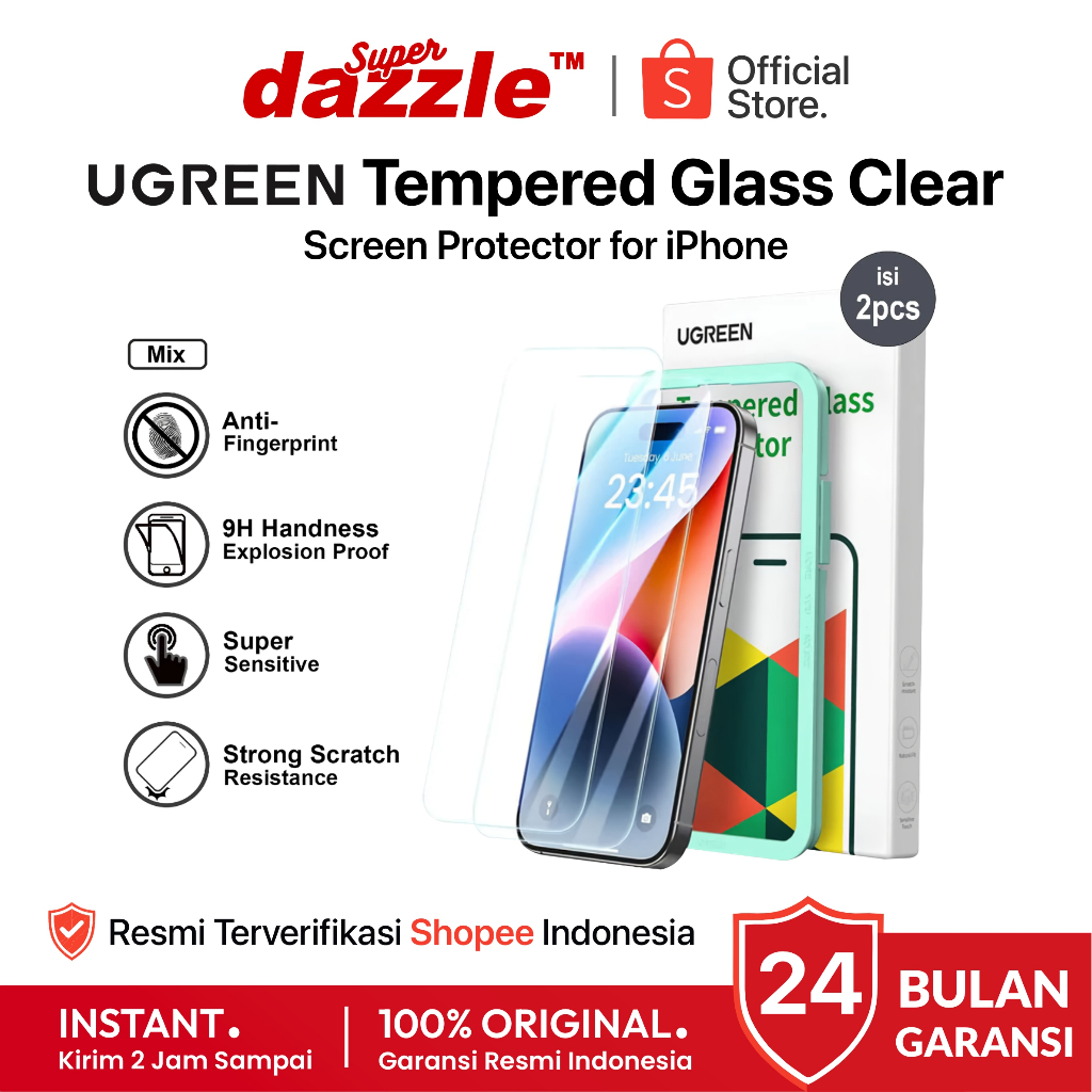 [ Beli 1 Dapet 2 ] UGREEN Tempered Glass CLEAR Bening iPhone 15 14 13 12 11 Plus Pro Max Original 10