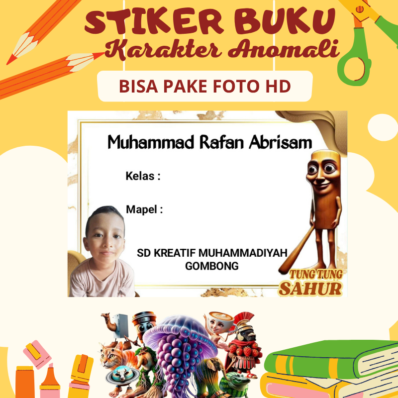 

Stiker Buku Mapel 24 Pcs Label Nama Karakter Anomali Tung Tung Sahur Custom Foto HD Anak Sekolah