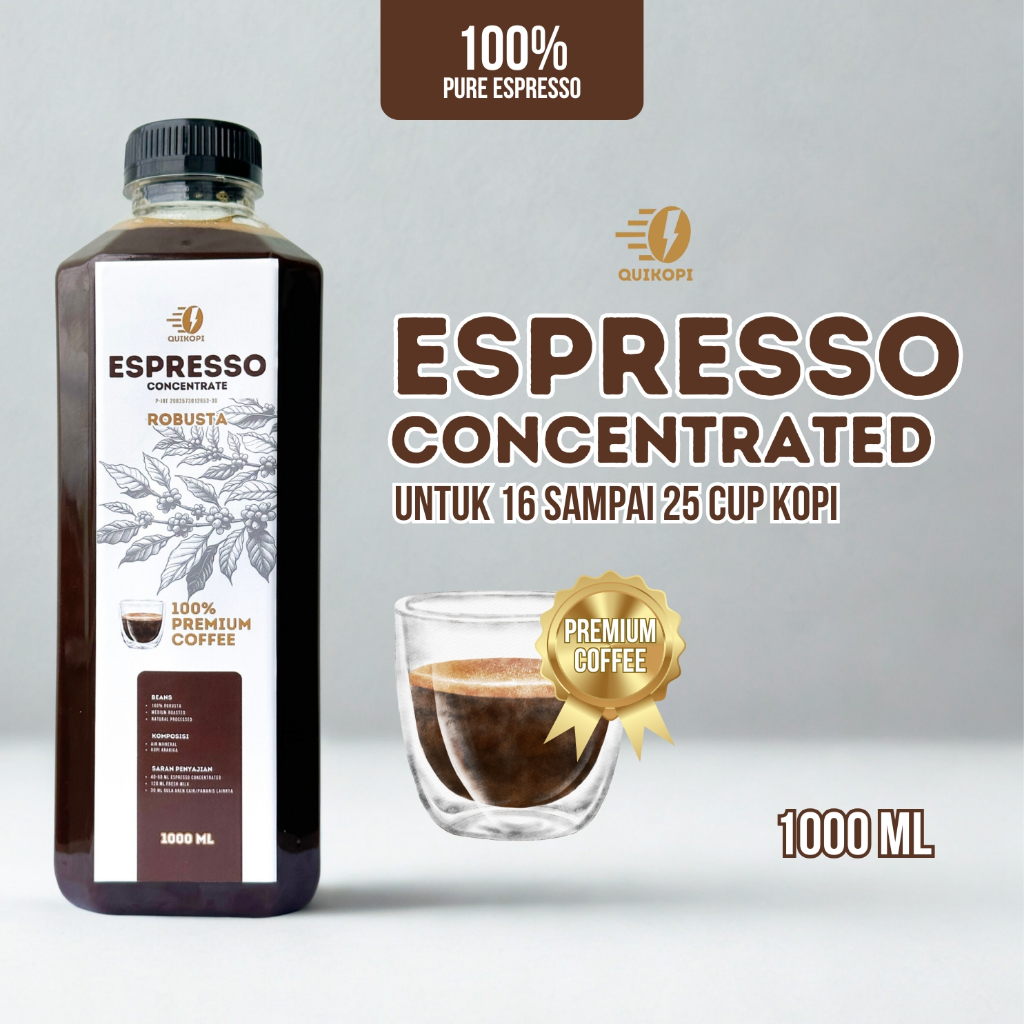 

Quikopi Espresso Concentrated FULL ROBUSTA - Espresso Cair 100% - Pure Espresso 1000 ML