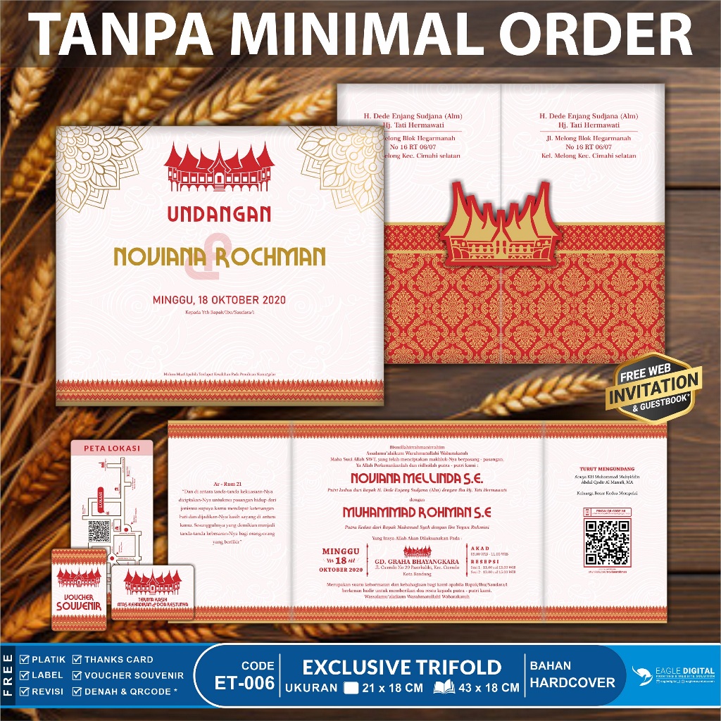 ET006 | Adat Minang/Padang | Hardcover Trifold Lipat Tiga I Undangan Pernikahan Tanpa Minimal Order 