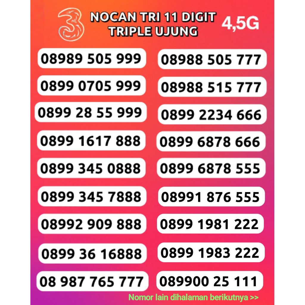 TRIPLE AKHIRAN 999-888-777-666 TRI NOCAN 11 DIGIT NOMOR CANTIK RAPI BAGUS KONTAK PRIBADI