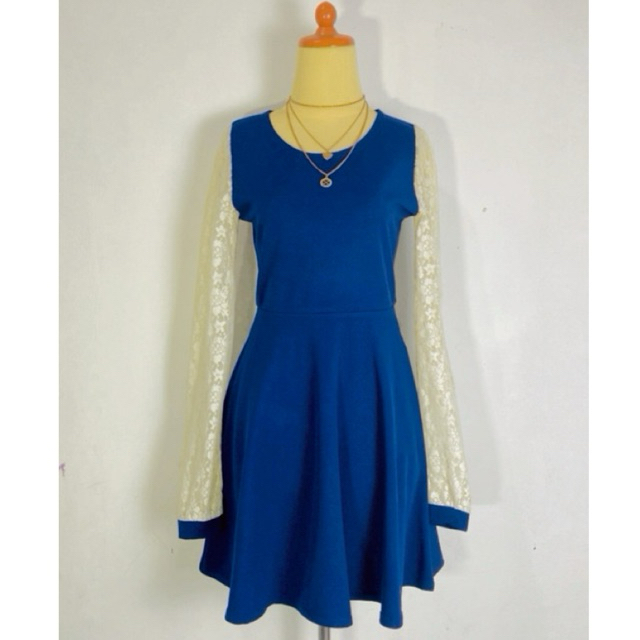 Dress gaun wanita premium bahan waffle mix brukat brokat import premium warna navy biru dongker puti