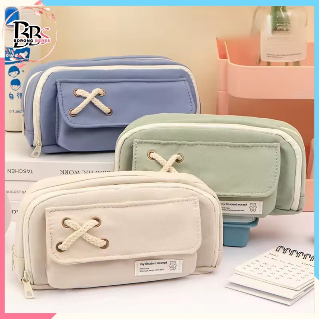 

BORES Tempat Pensil Model Pita Silang Kotak Pensil Tali Rami Ritsleting Ganda Bahan Kanvas Pouch Tempat Alat Tulis Perlengkapan Sekolah Kantor Dua Sisi Resleting