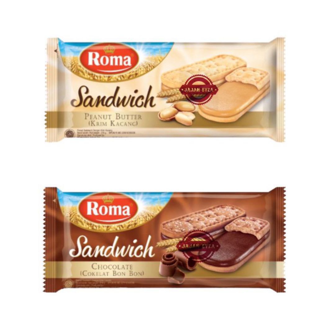 

Roma sandwich biskuit krim rasa coklat & kacang