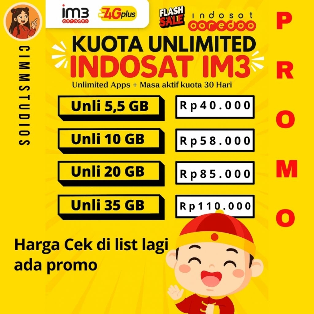 KUOTA UNLIMITED INDOSAT IM3 5,5GB 10GB20GB 35GB MASA AKTIF 30 HARI TERJANGKAU