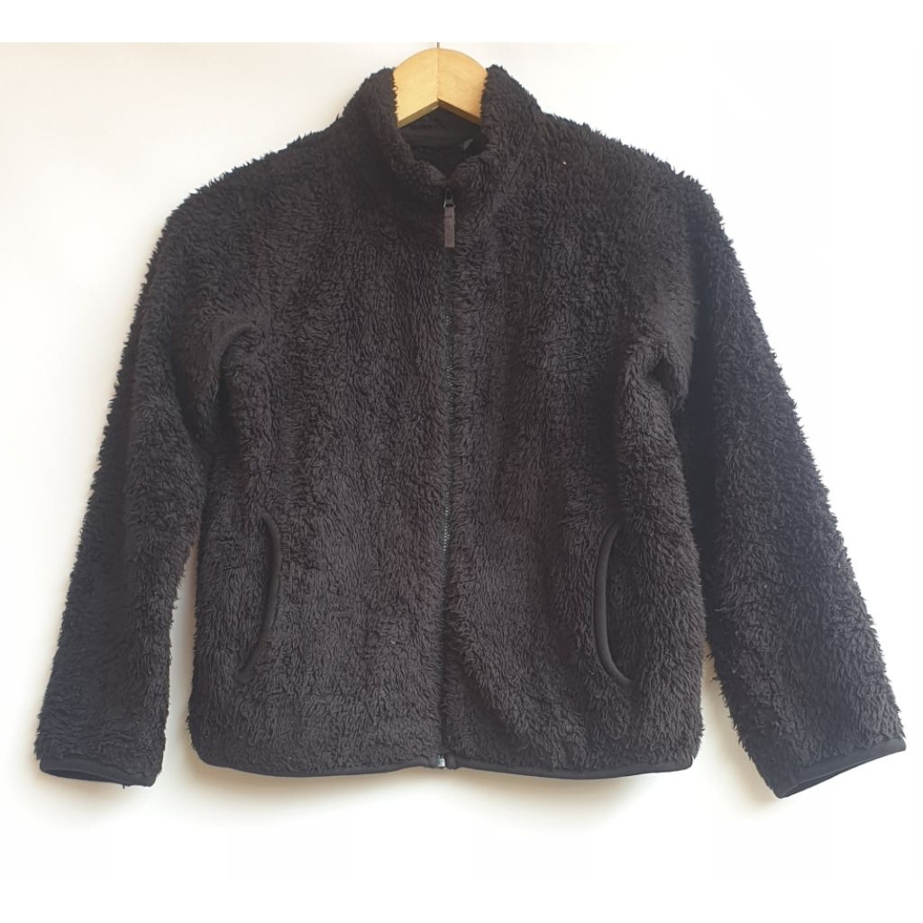 Jaket Bulu Hitam Anak Kid Unisex Merek Uniqlo Perempuan Pria Hangat Winter Fleece Polos Black Laki L