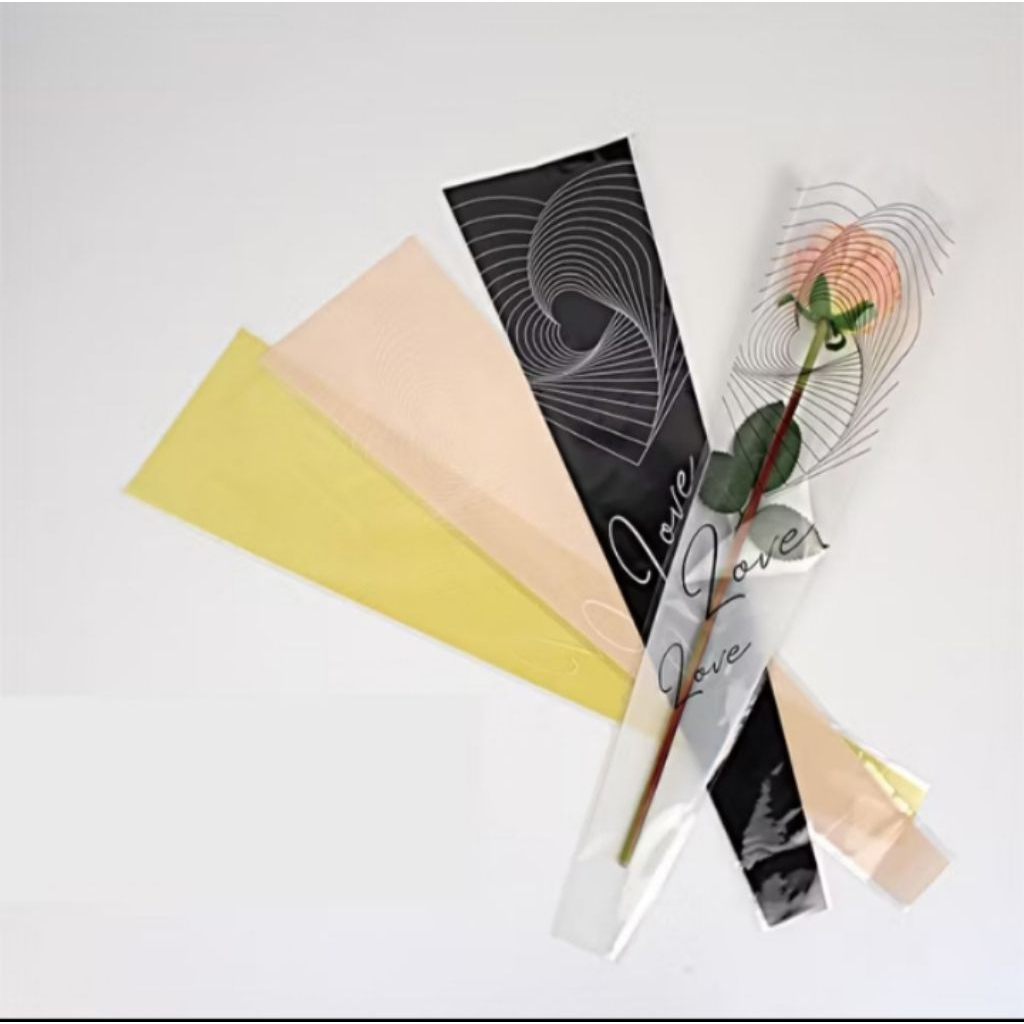 

(perpcs) Kertas wrapping single flower motif garis tulisan love