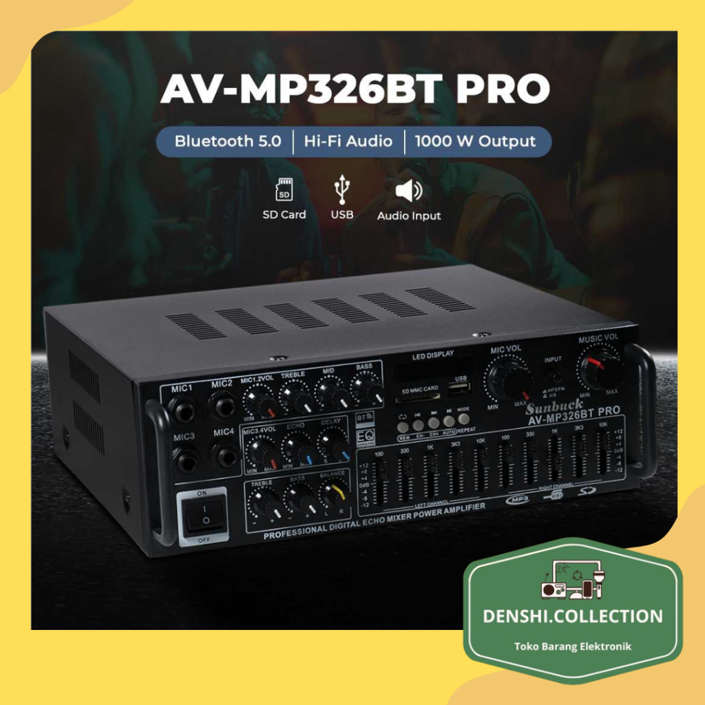 hifi AV-MP326BT Amplifier Audio Bluetooth HiFi 1000W dengan Karaoke dan FM Radio
