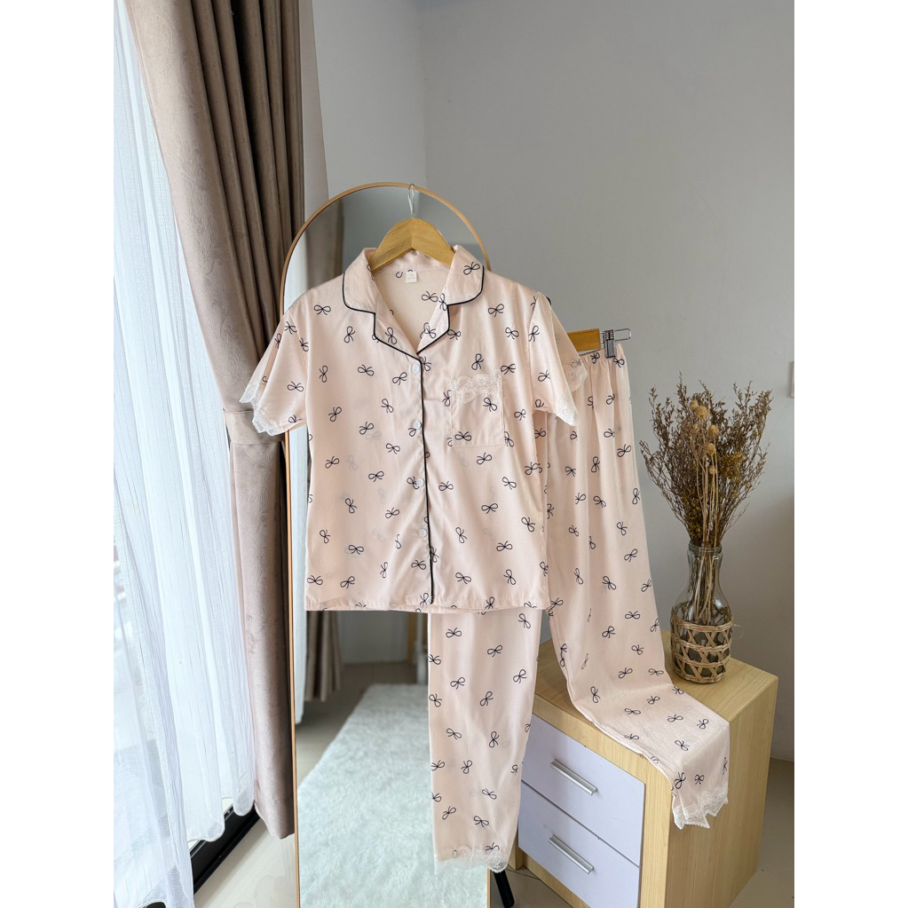 Aruna Set Piyama Wanita Lengan Pendek Celana Panjang Piyama Satin Cantik Ukuran M & L Nyaman Untuk T