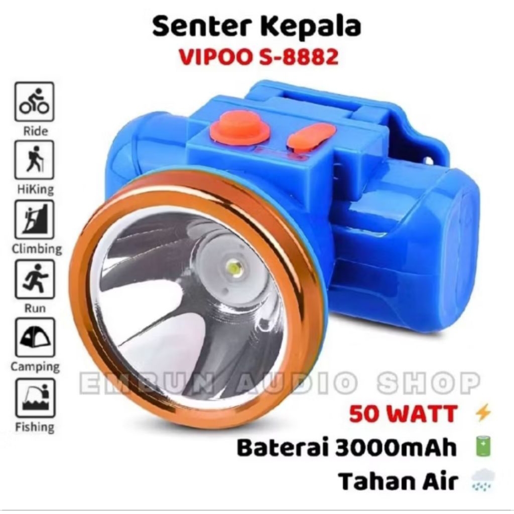 vipoo s-8882 senter kepala 50watt waterproof cahaya putih tahan 20jam